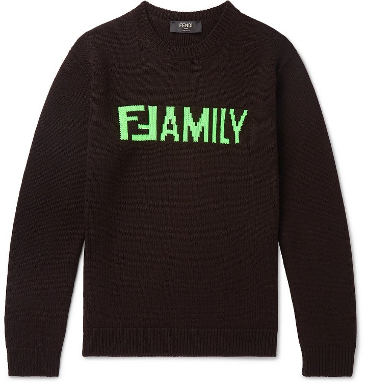 Photo: Fendi - Slim-Fit Logo-Intarsia Virgin Wool Sweater - Brown
