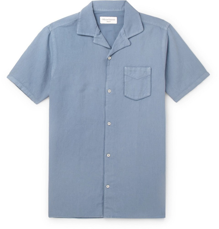 Photo: Officine Generale - Dario Camp-Collar Piped Cotton and Linen-Blend Shirt - Men - Blue
