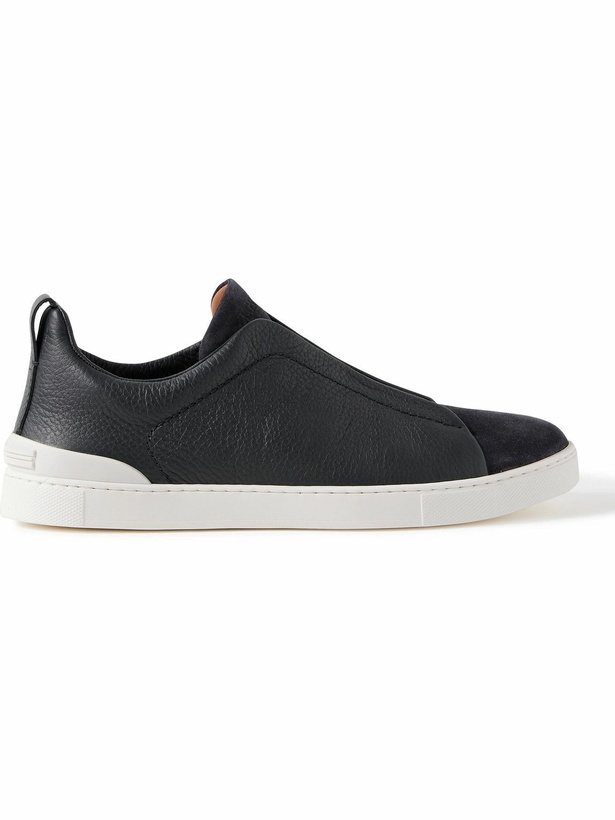 Photo: Zegna - Triple Stitch Full-Grain Leather and Suede Sneakers - Blue