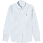 AMI Paris Men's Stripe Logo Button Down Shirt in Sky Blue/White