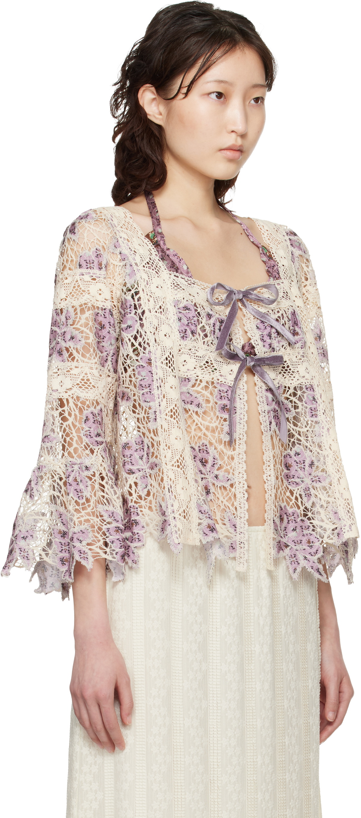 Anna Sui Purple & Off-White Medallion Floral Lace Tie Blouse