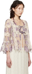 Anna Sui Purple & Off-White Medallion Floral Lace Tie Blouse
