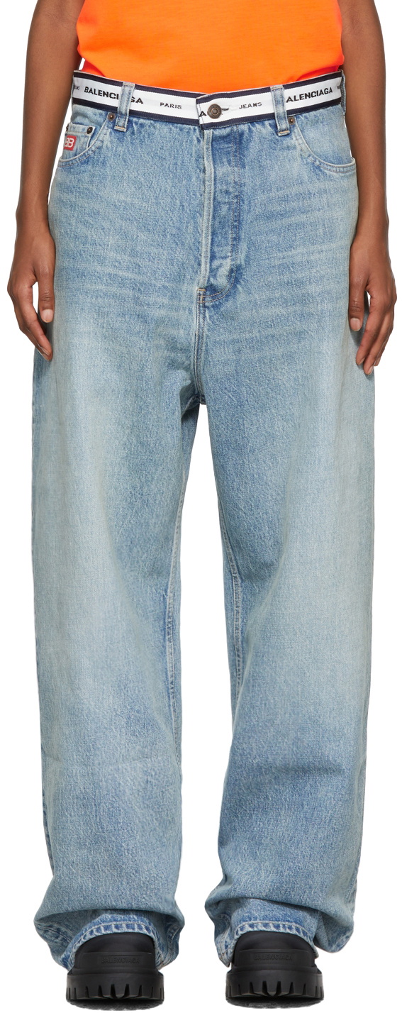 Balenciaga Logo-waistband baggy Low-rise Jeans in Blue for Men