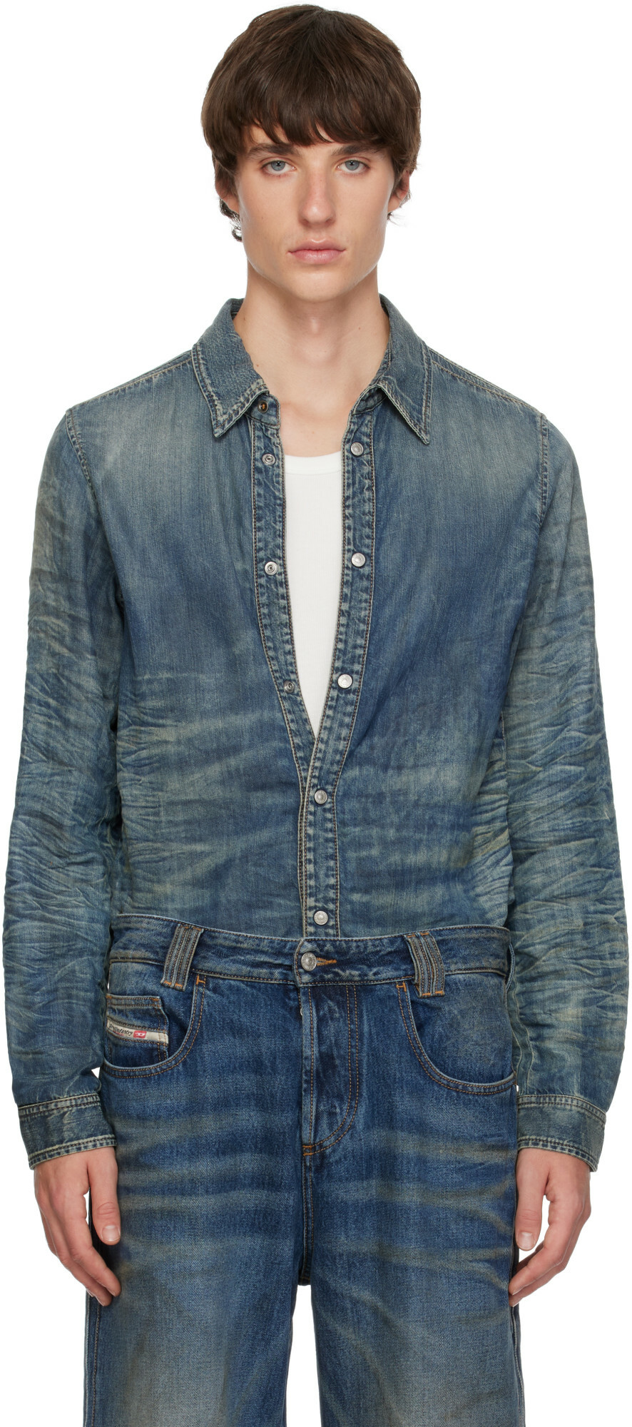 Diesel Blue Dirty-Effect Creased Denim Shirt