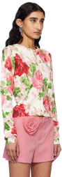 Blumarine Off-White & Pink Peony-Printed Viscose Cardigan