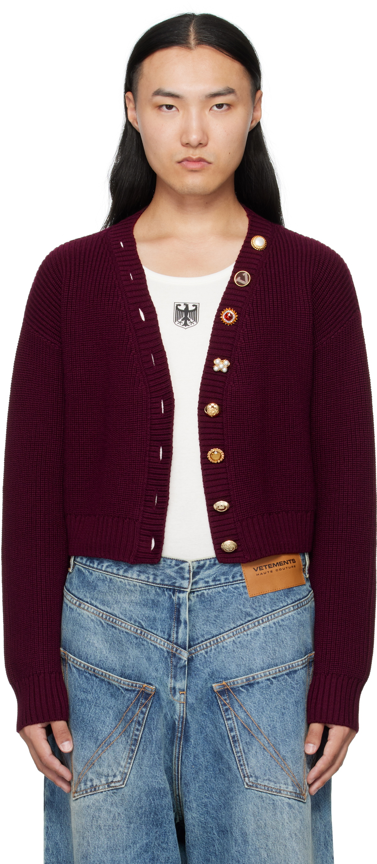 VETEMENTS Burgundy Fancy Button Mini Cardigan