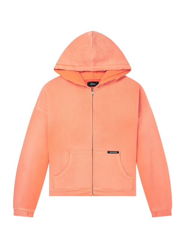 Photo: NAHMIAS - Distressed Cotton-Jersey Zip-Up Hoodie - Orange