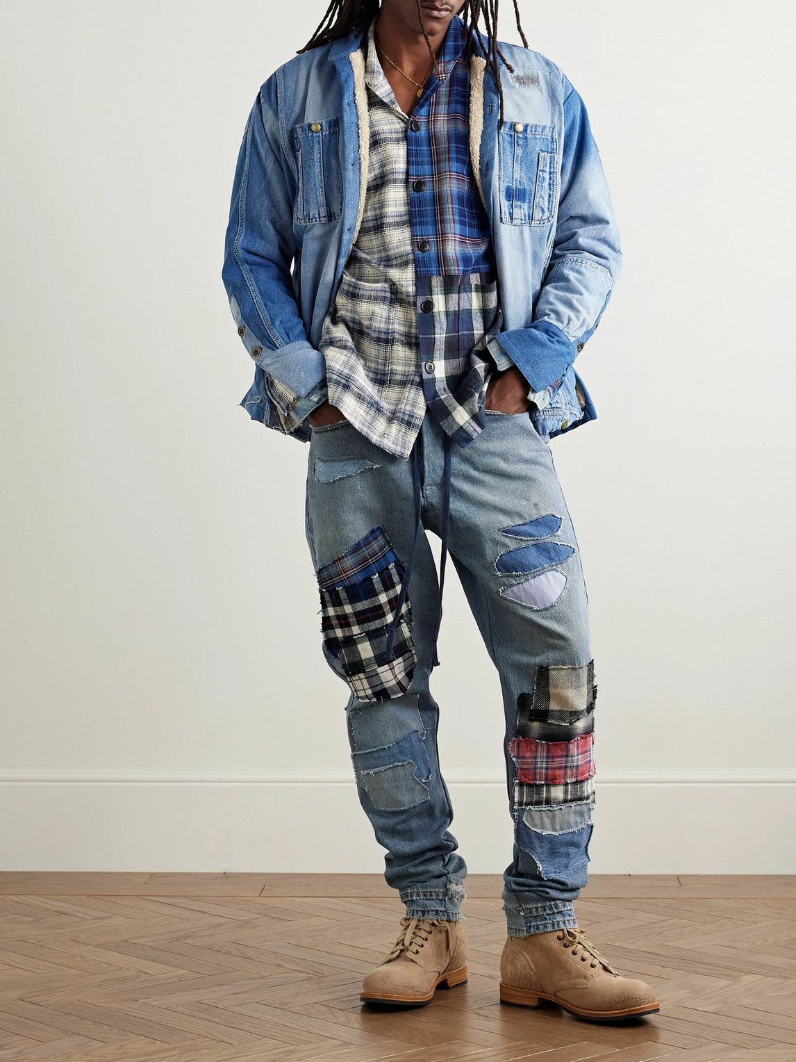Greg Lauren - Slim-Fit Tapered Flannel Patchwork Jeans - Blue