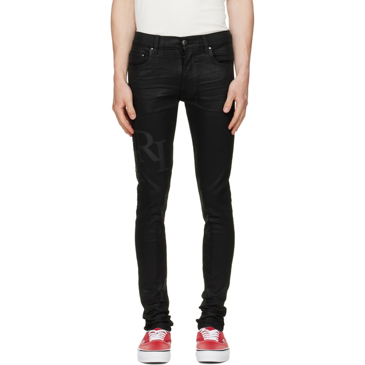Photo: AMIRI Black Waxed Staggered Logo Skinny Jeans