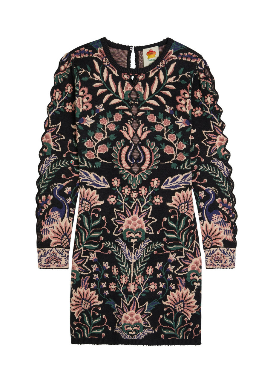 Farm Rio Marvelous Garden Floral-jacquard Knit Mini Dress Black