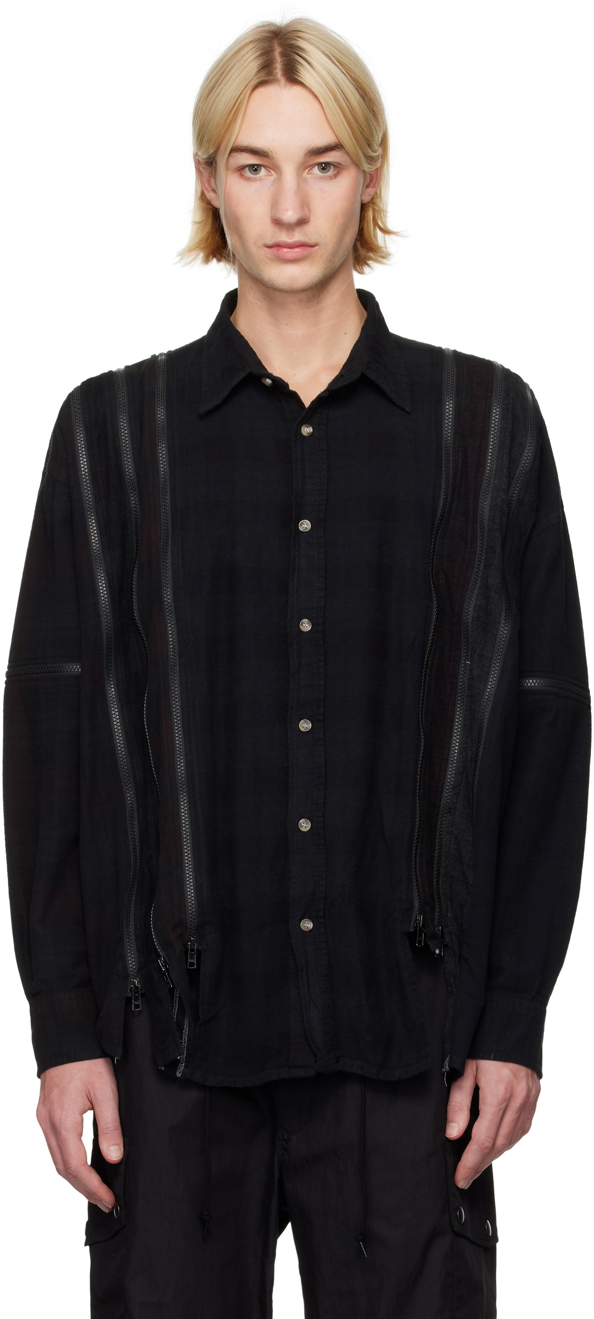 NEEDLES: Black 7 Cuts Zipped Wide Shirt | SSENSE