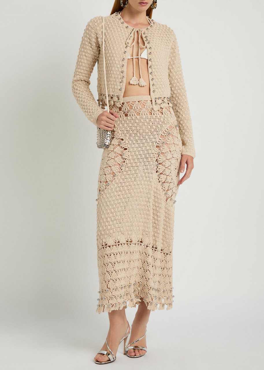 Rabanne Bead-embellished Crochet Cotton Cardigan Ecru