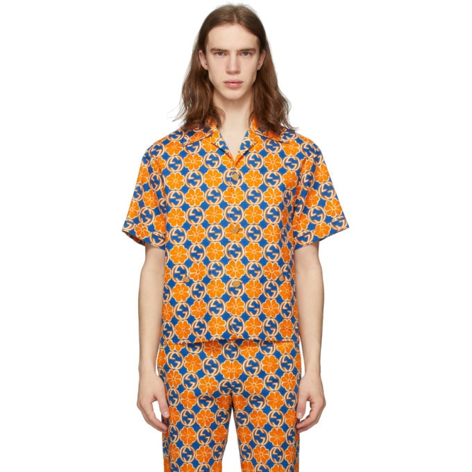 Photo: Gucci Blue and Orange GG Quatrefoil Short Sleeve Shirt