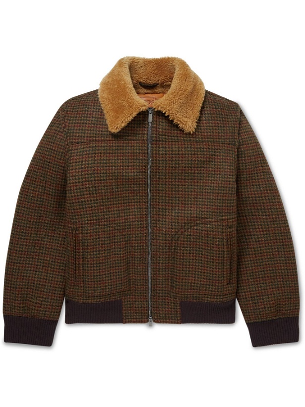 Photo: Tod's - Shearling-Lined Houndstooth Shetland Wool Bomber Jacket - Brown
