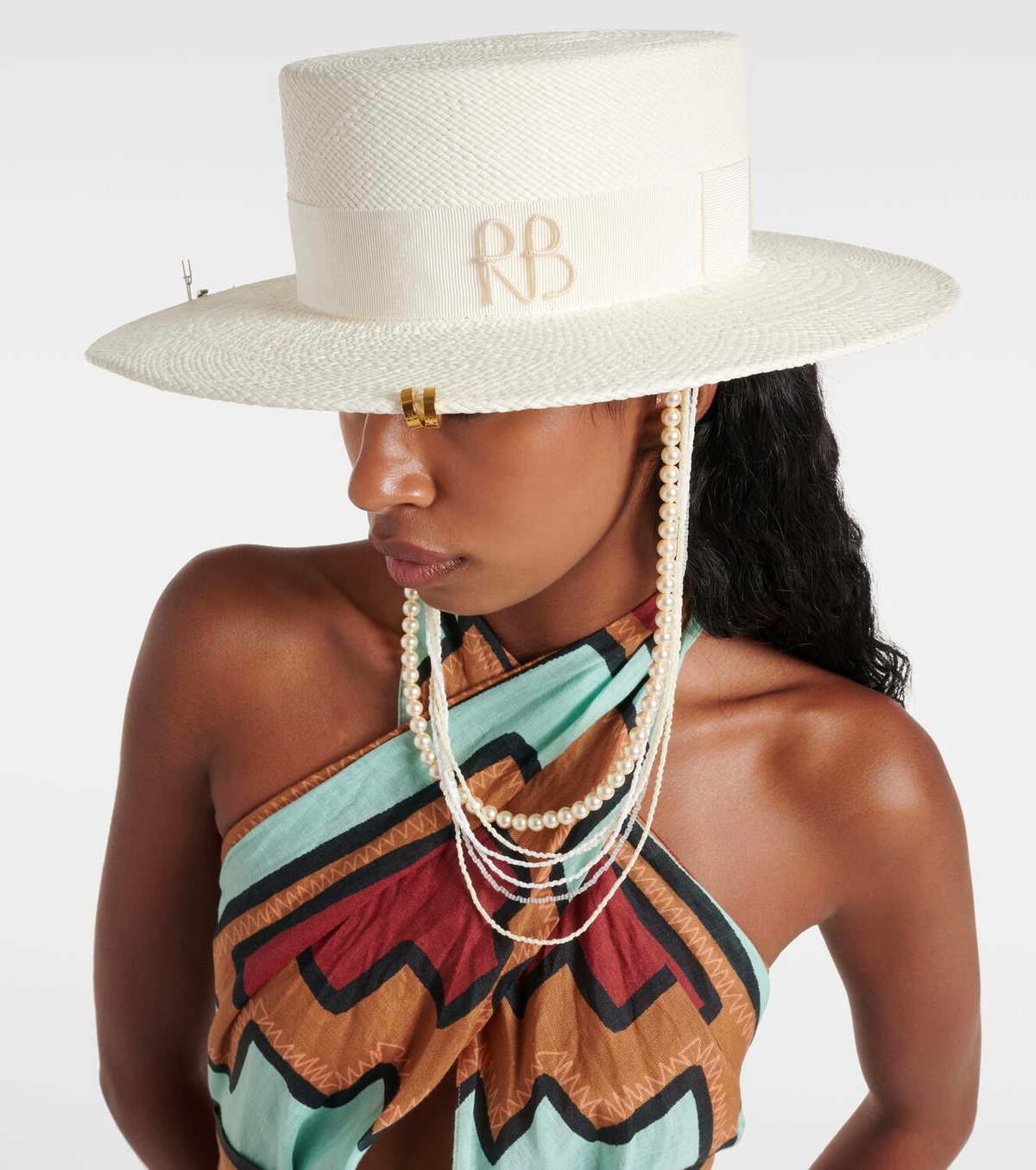 NEW Ruslan Baginskiy Double Chain Strap Straw Boater Hat in White Small S Logo-Embellished Straw Canotier Hat • Ruslan Baginskiy Hats  main image 2