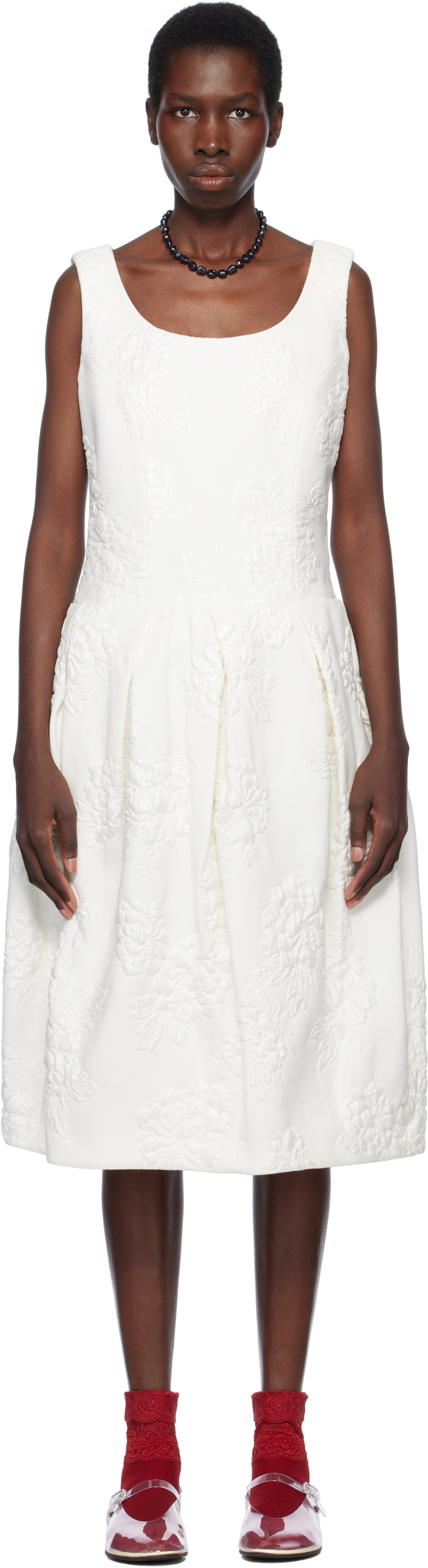 Comme des Garçons Comme des Garçons White Floating Jacquard Flower Pattern Midi Dress