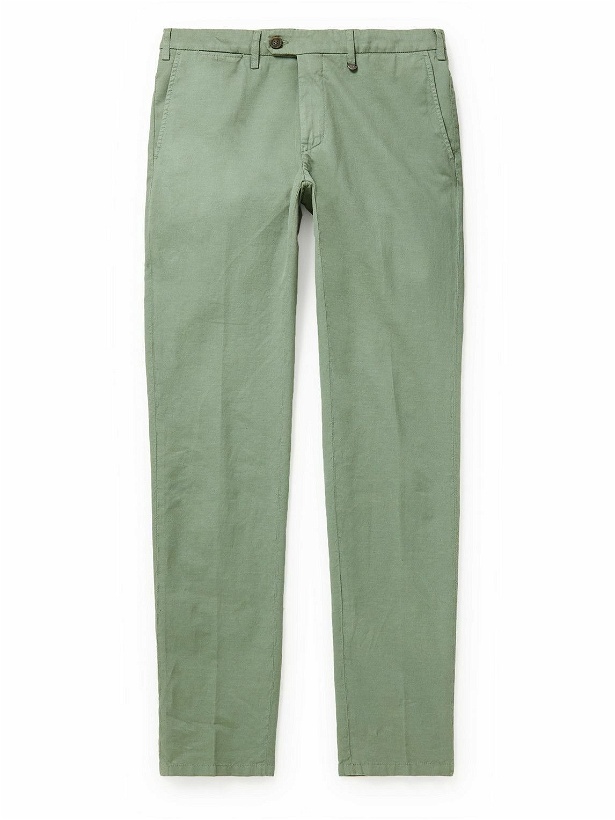 Photo: Canali - Tapered Garment-Dyed Stretch-Cotton and Linen-Blend Trousers - Green