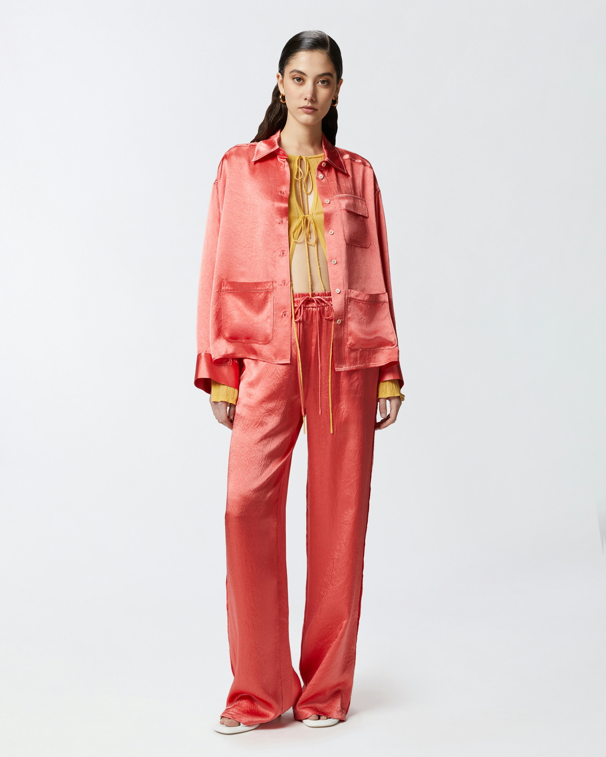 Pinko Open Ribbed Sweater With Front Ties Rattan Yellow