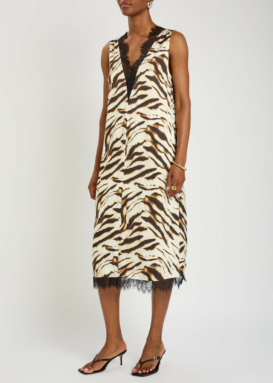 Ganni Printed Lace-trim Satin Midi Dress White
