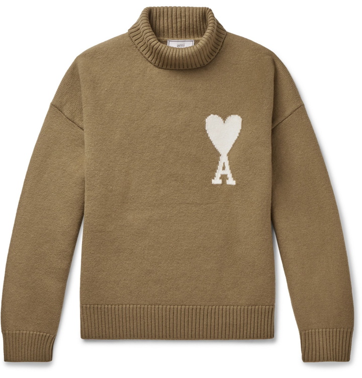 Photo: AMI - Logo-Intarsia Merino Wool Rollneck Sweater - Neutrals