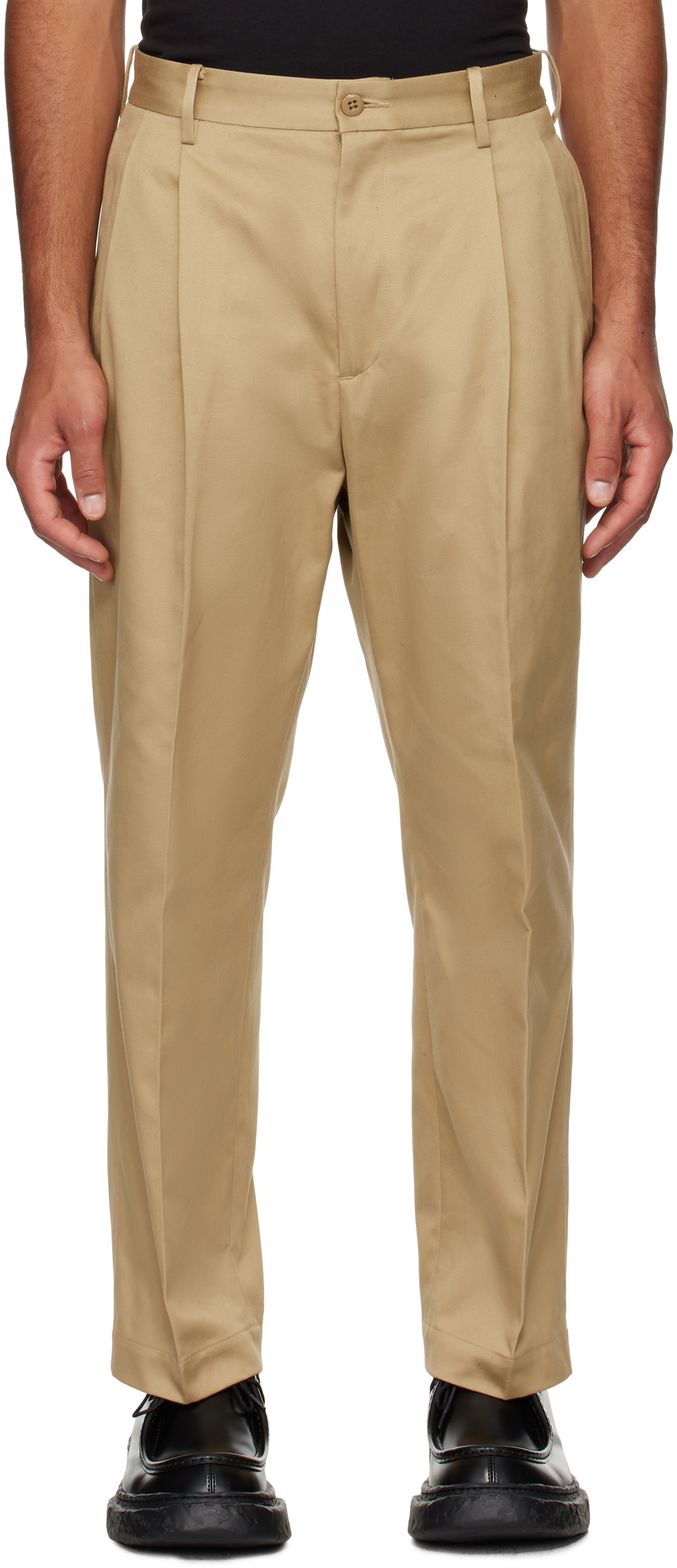 Beige Double Pleated Chino Trousers by WACKO MARIA on Sale