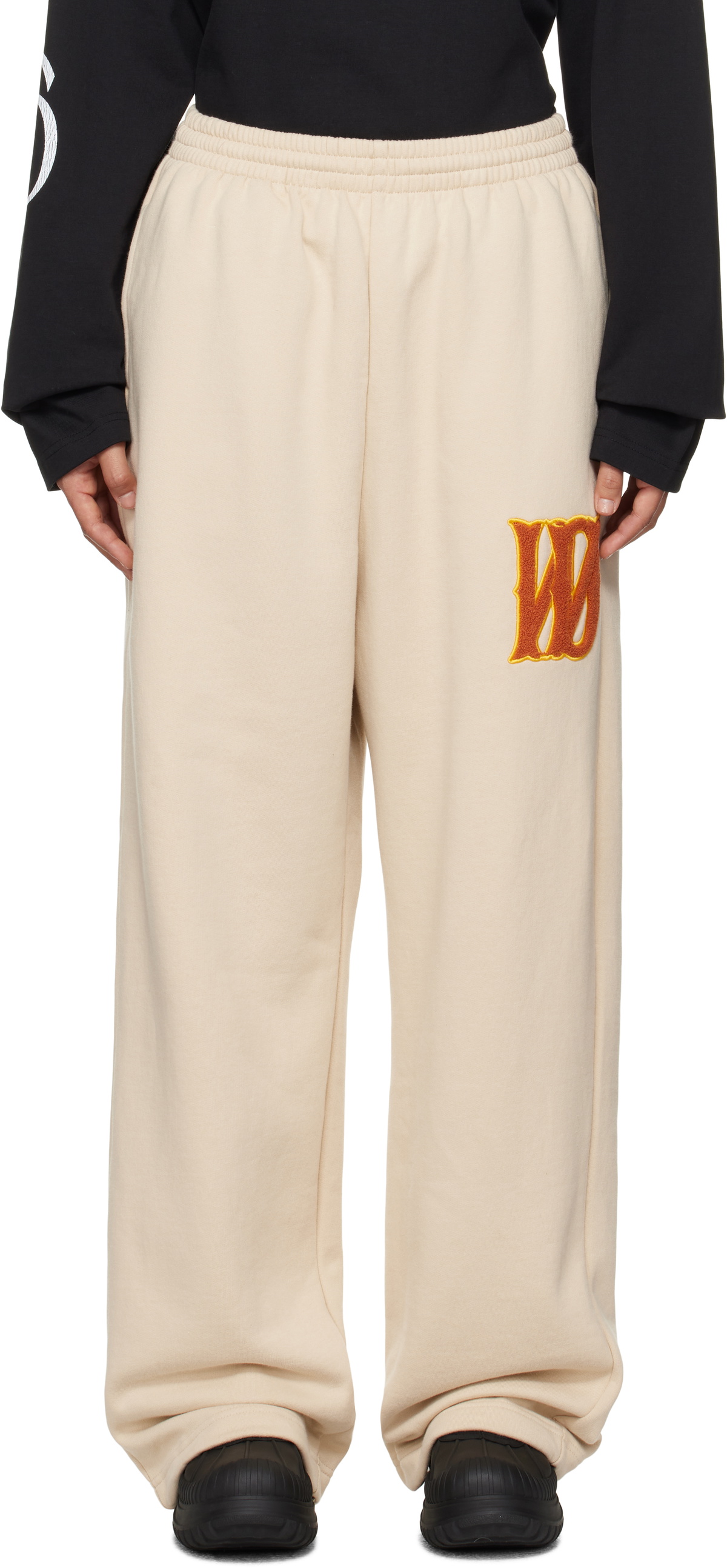 We11done Beige Bouclé Letter Logo Wide Lounge Pants