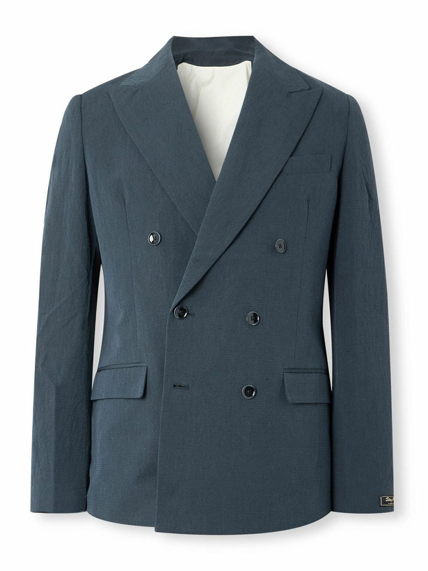 Photo: A Kind Of Guise - Double-Breasted Cotton and Linen-Blend Seersucker Blazer - Blue