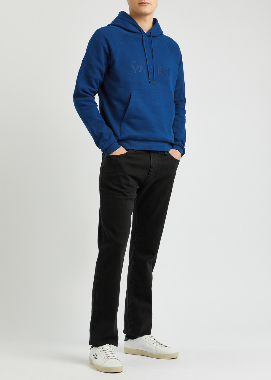 Saint Laurent Logo-embroidered Hooded Cotton Sweatshirt Blue