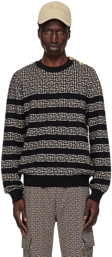 Photo: Balmain Black & Off-White Striped 'PB' Labyrinth Sweater