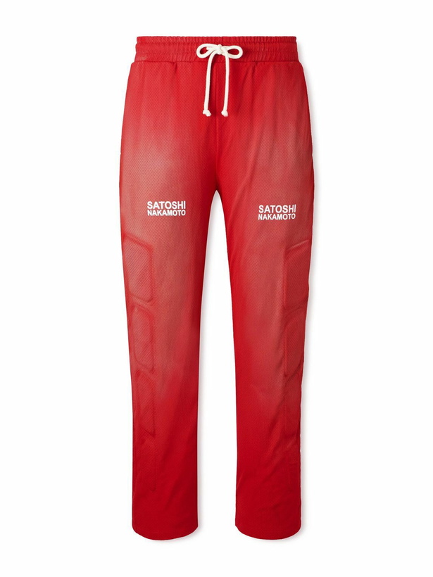 Photo: Satoshi Nakamoto - Straight-Leg Padded Printed Mesh Sweatpants - Red