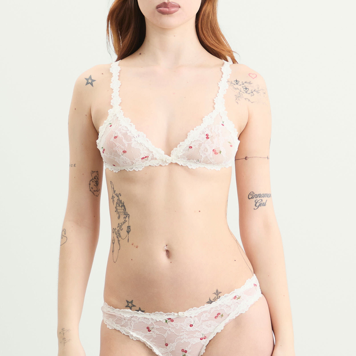 SKIMS Women's Stretch Lace Dipped Thong in Ivory Cherry Print