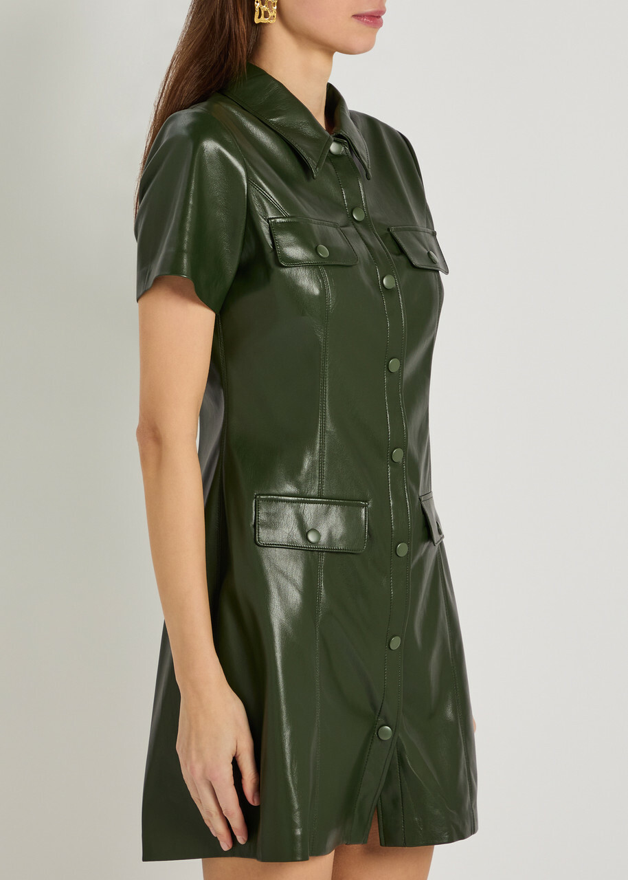 Alice + Olivia Jamie Faux Leather Mini Shirt Dress Dark Green