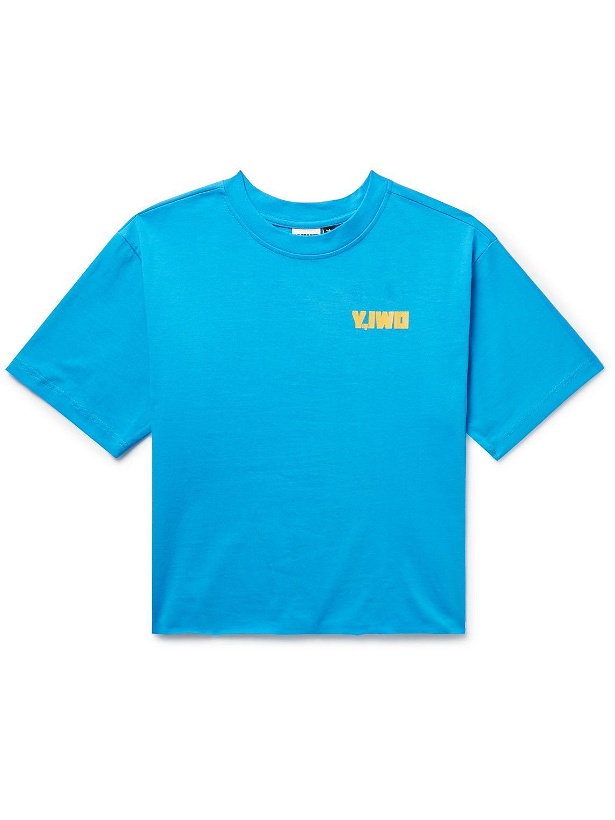 Photo: Y,IWO - Cropped Logo-Print Cotton-Jersey T-Shirt - Blue