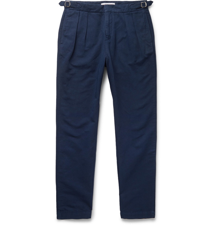 Photo: Orlebar Brown - Navy Caldwell Tapered Pleated Cotton and Linen-Blend Trousers - Blue