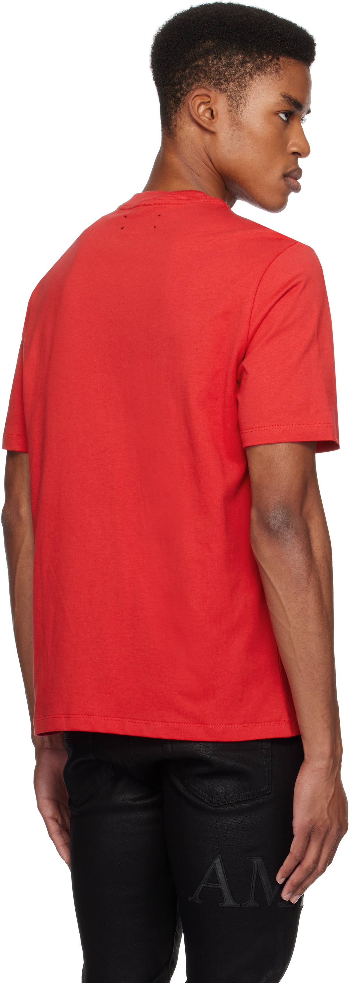 【関税込み】AMIRI レッド AMIRI Staggered ロゴ Tシャツ AMIRI: Red 'AMIRI' Staggered Logo T-shirt | SSENSE