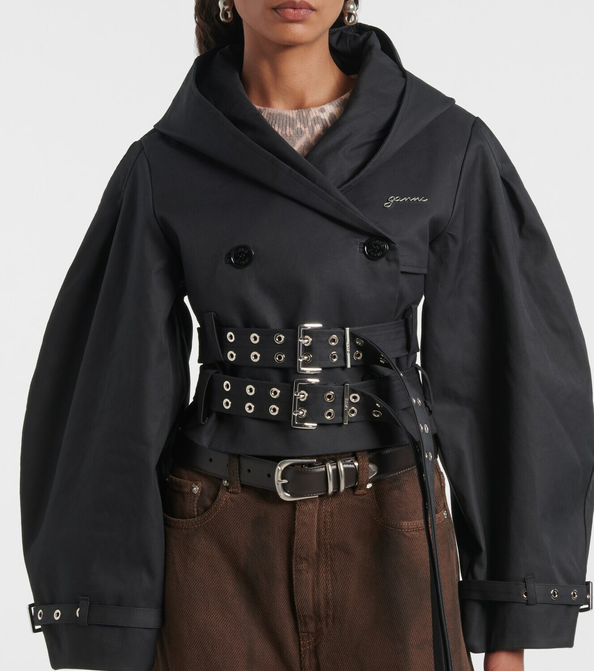 Ganni Belted cropped cotton jacket