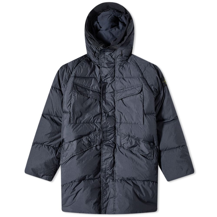 Photo: Stone Island Men's Crinkle Reps Long Down Coat in Navy