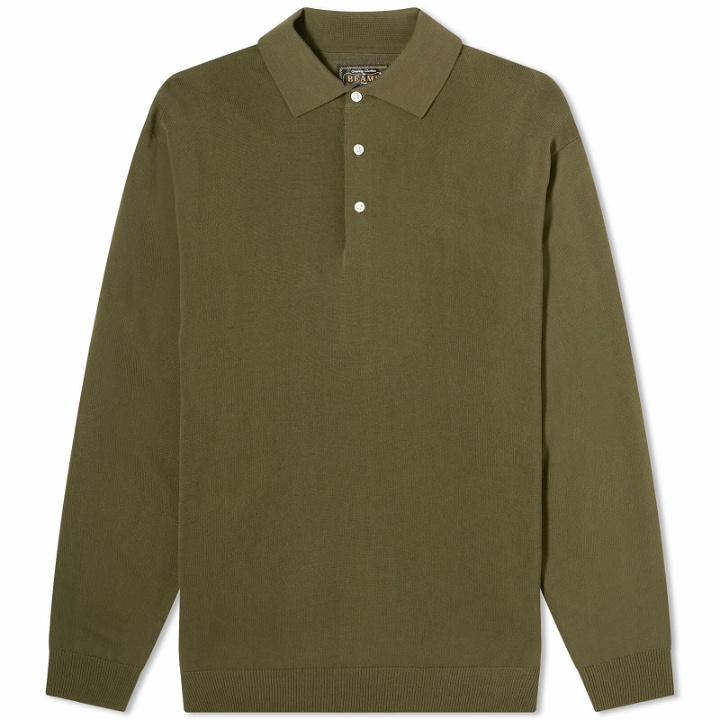Photo: Beams Plus Men's 12g Knit Long Sleeve Polo Shirt in Olive