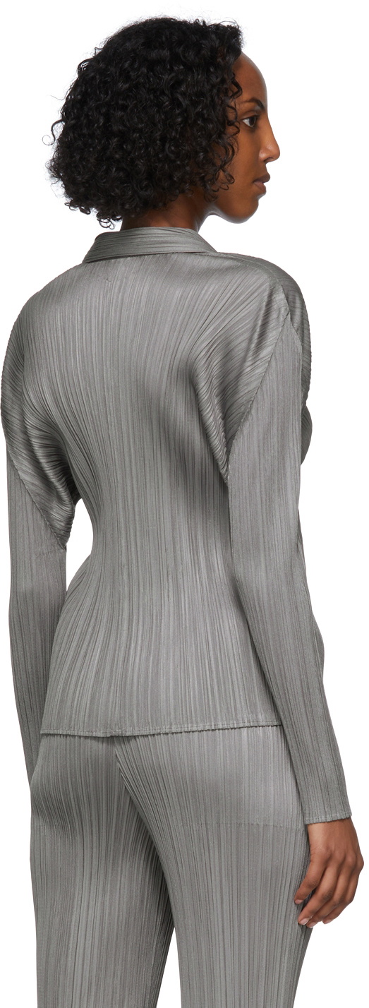 Pleats Please Issey Miyake Spread Collar Pleated Shirt in Gray