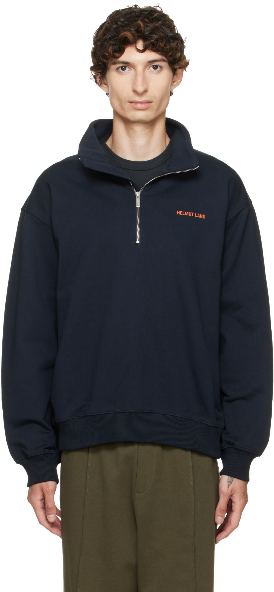 Helmut Lang Navy Logo Quarter Zip Sweatshirt