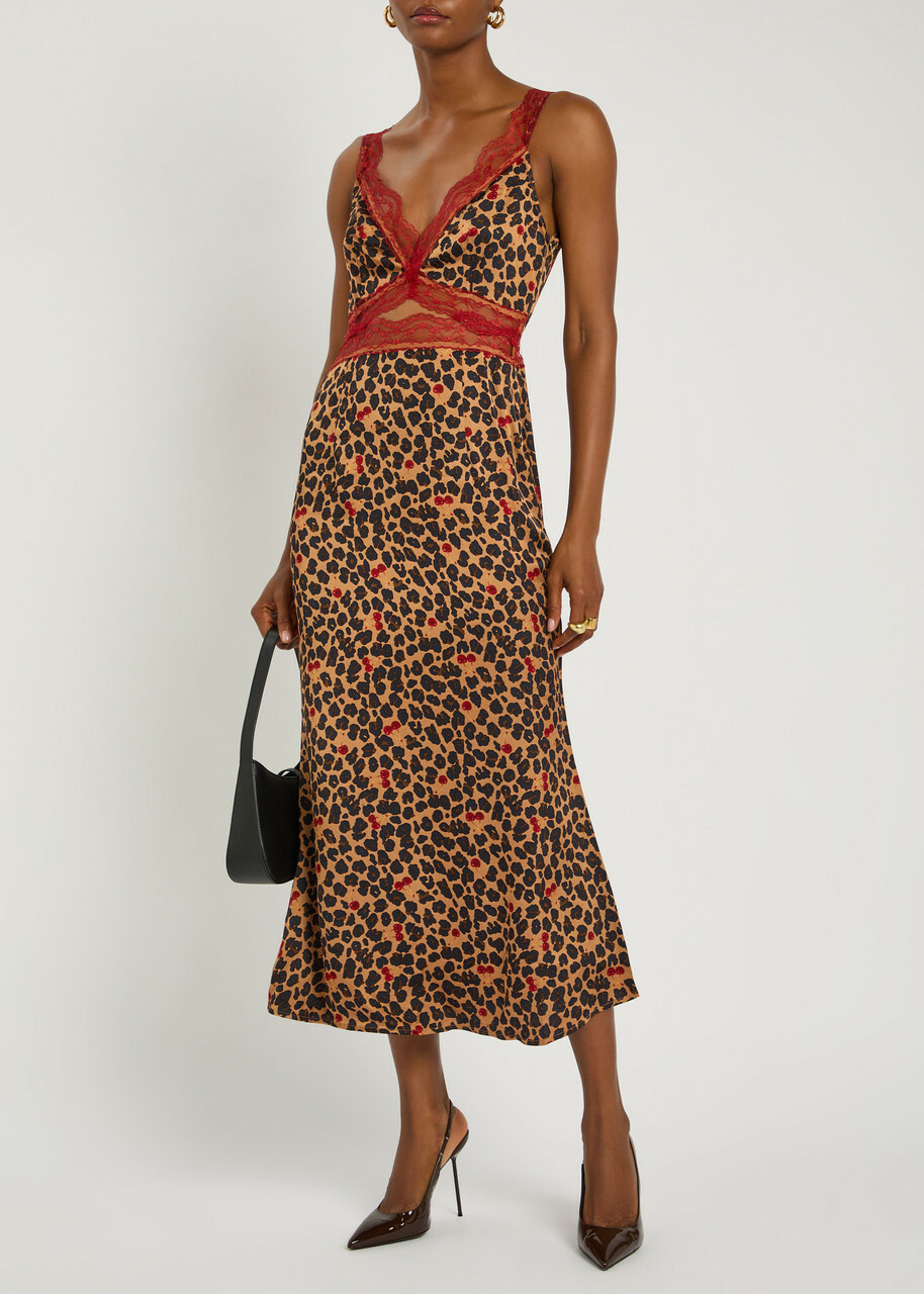 Never Fully Dressed Mimi Cherry and Leopard-print Satin Midi Dress