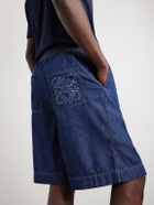 LOEWE - Wide-Leg Anagram-Detailed Cotton-Chambray Drawstring Shorts - Blue
