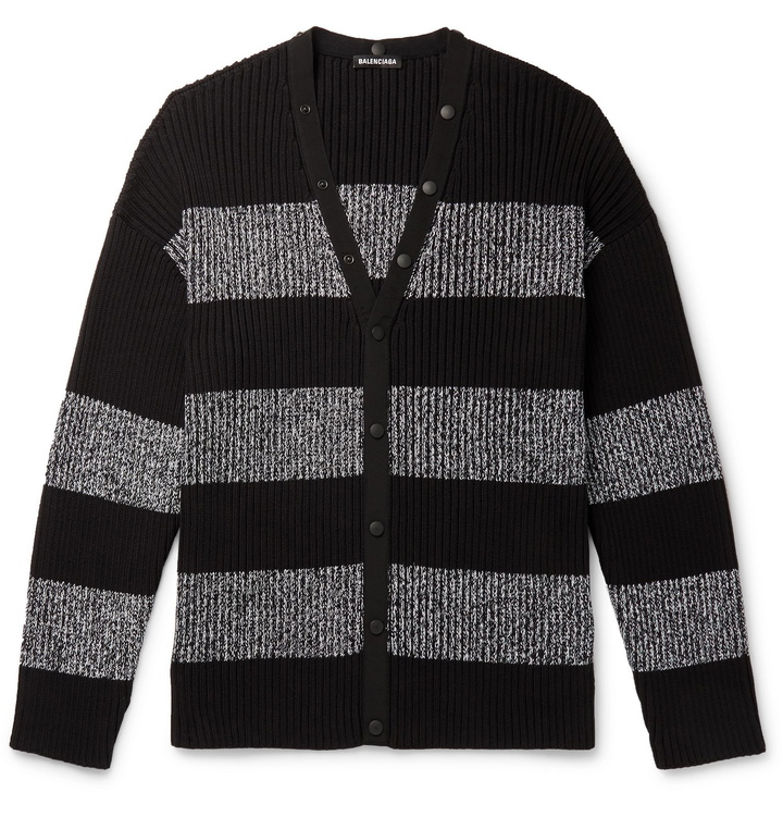 Photo: Balenciaga - Ribbed Logo-Print Striped Cotton Cardigan - Black