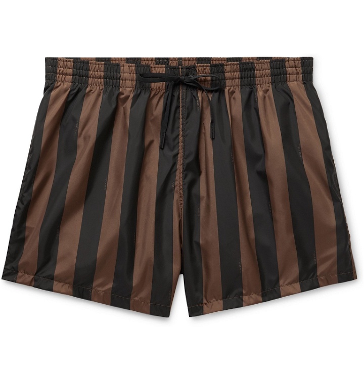Photo: Fendi - Slim-Fit Mid-Length Logo-Print Striped Swim Shorts - Brown