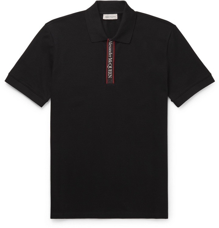 Photo: ALEXANDER MCQUEEN - Slim-Fit Logo-Print Webbing-Trimmed Cotton-Piqué Polo Shirt - Black