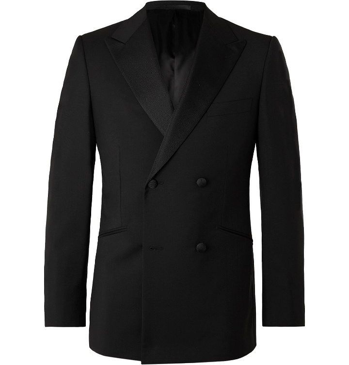 Photo: Kingsman - Slim-Fit Double-Breasted Grosgrain-Trimmed Wool and Mohair-Blend Tuxedo Jacket - Black