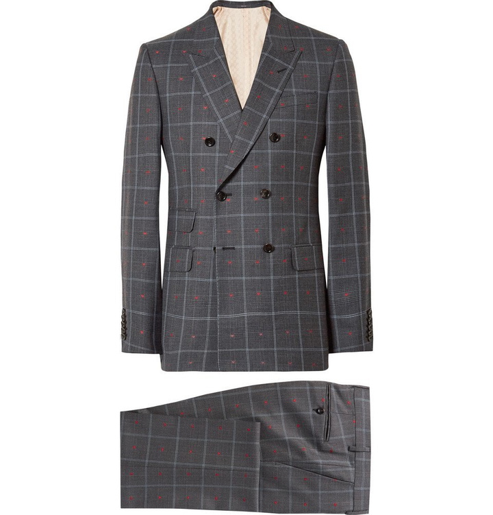 Photo: Gucci - Grey Slim-Fit Embroidered Prince of Wales Checked Wool and Cotton-Blend Suit - Men - Gray