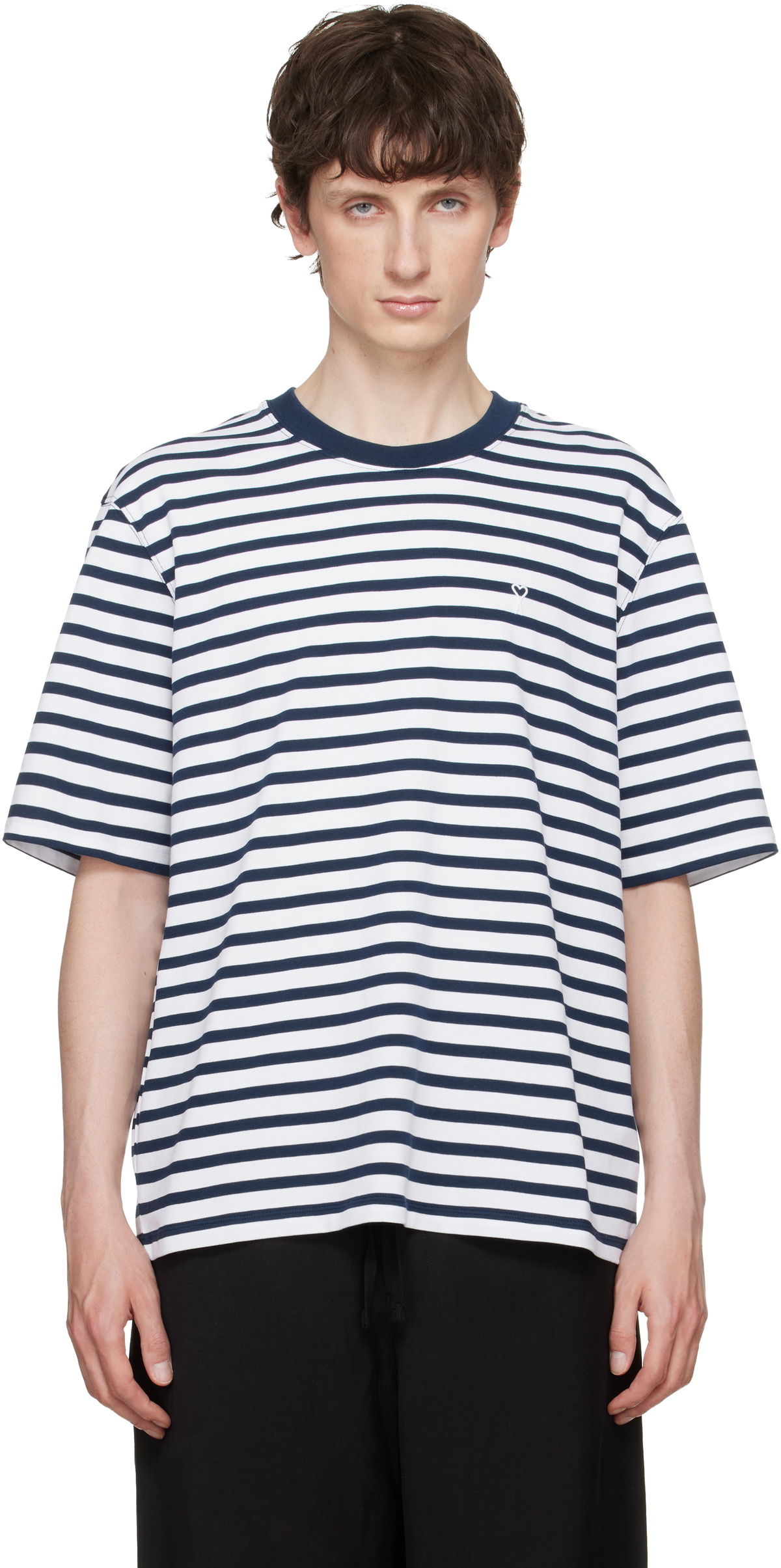 AMI Paris White & Navy Boxy Mariniere 'Ami de Coeur' T-shirt