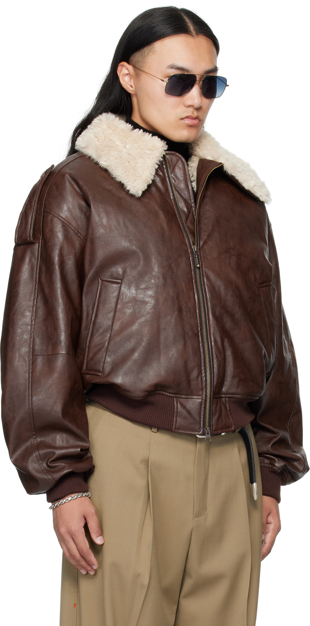 MMIC Brown Pilot Faux-Leather Jacket