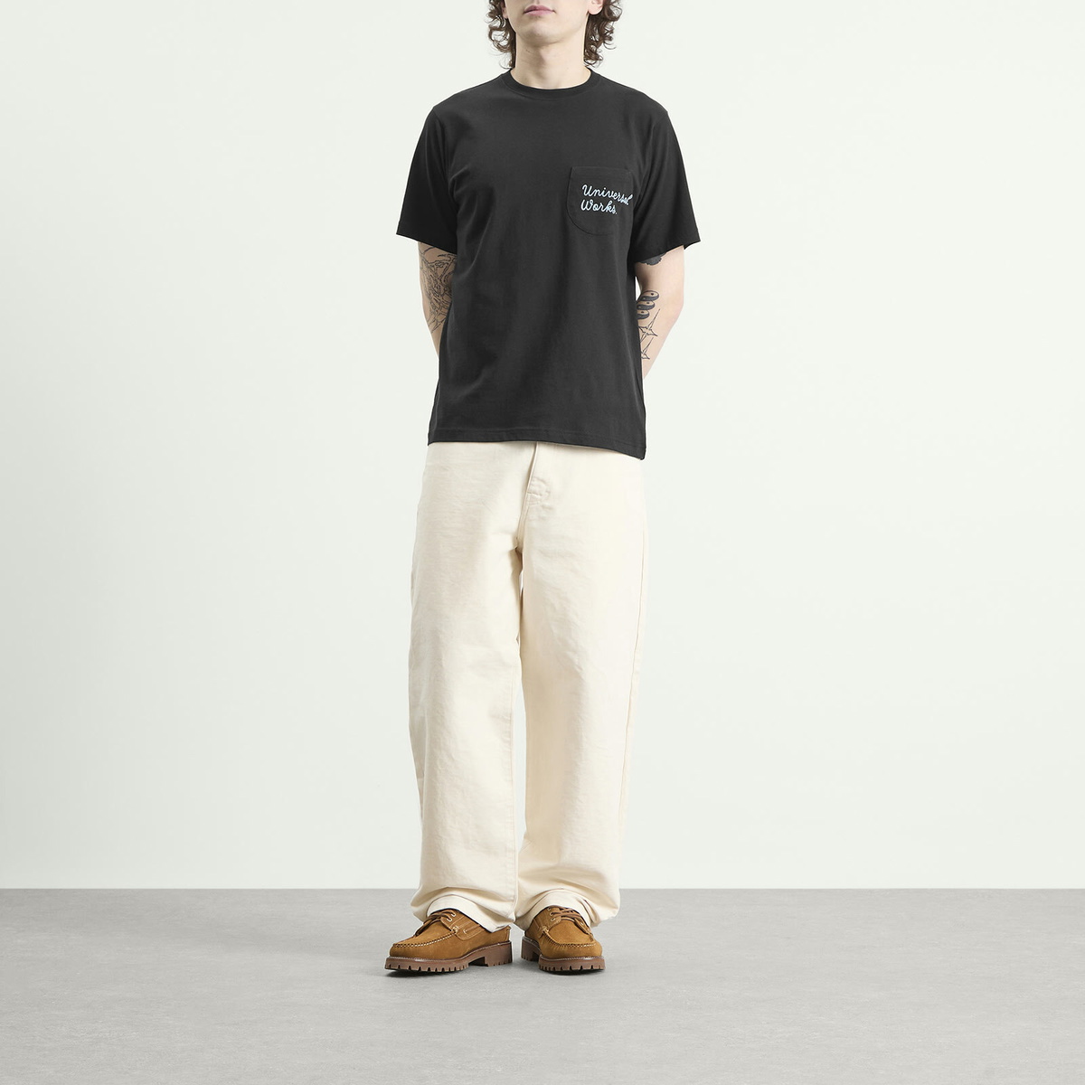 Universal Works Men's Script Logo Pocket T-shirt in Black